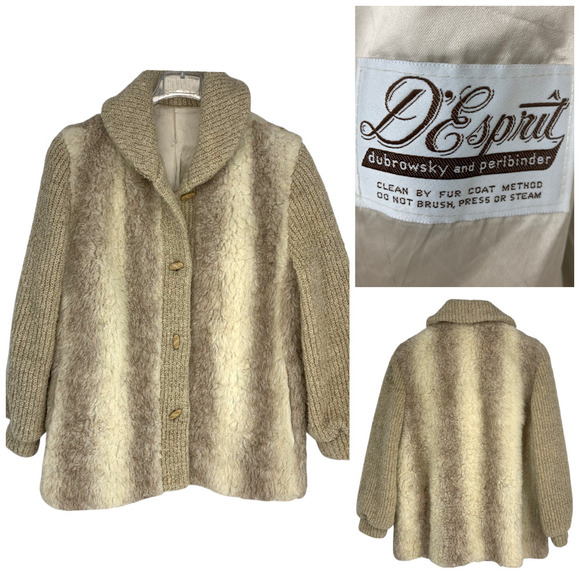 Vintage 1970's D'Esprit Faux Shearling Knit Sleeves Jacket Coat Union Label Sz L - Picture 1 of 8